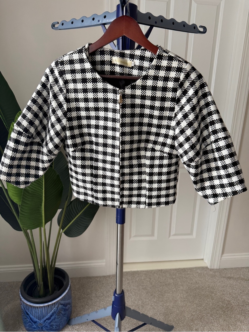 Black & White Gingham Cropped Bomber Jacket